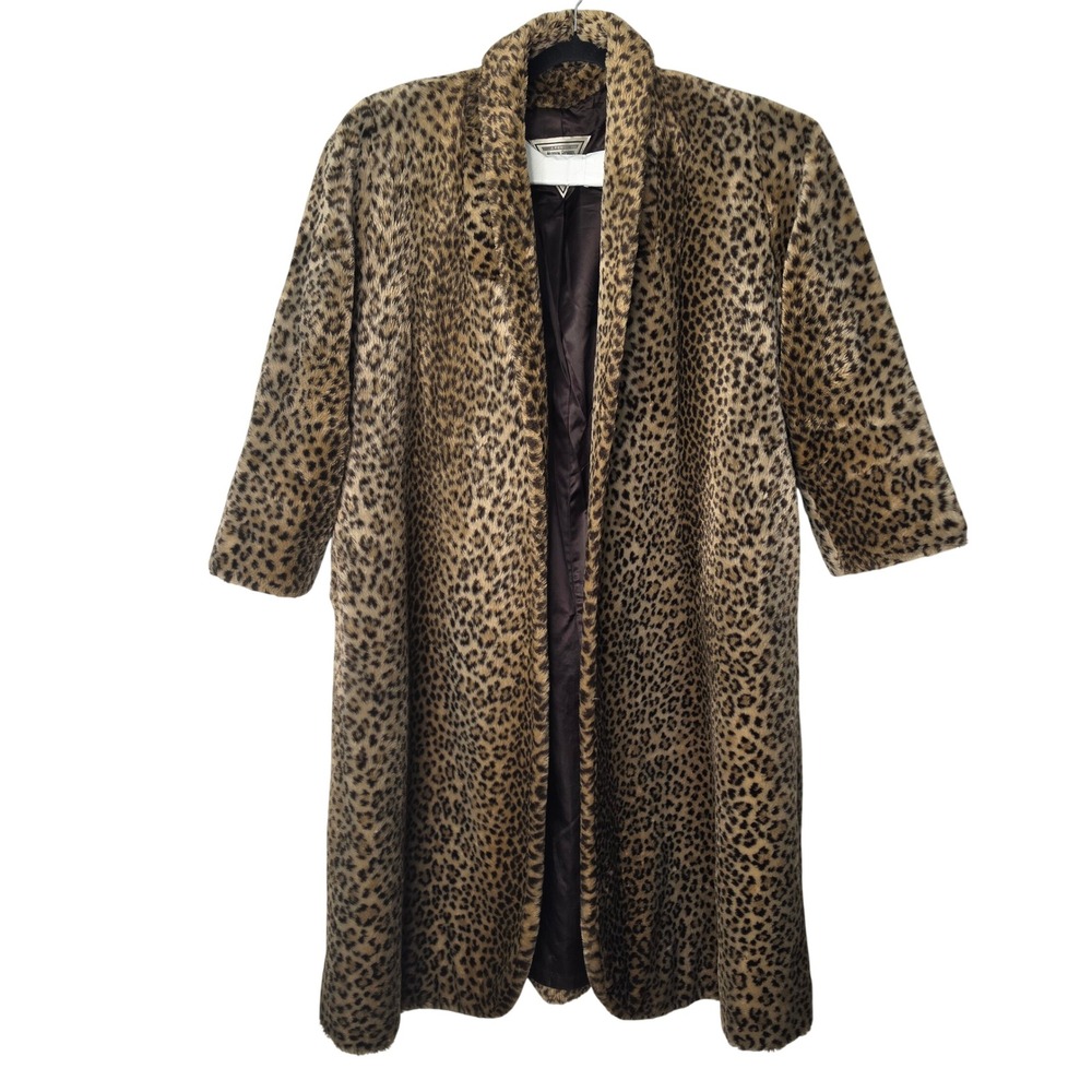 Marvin Richards Coat Women S Brown Leopard Faux Fur Longline Shawl Collar Pocket
